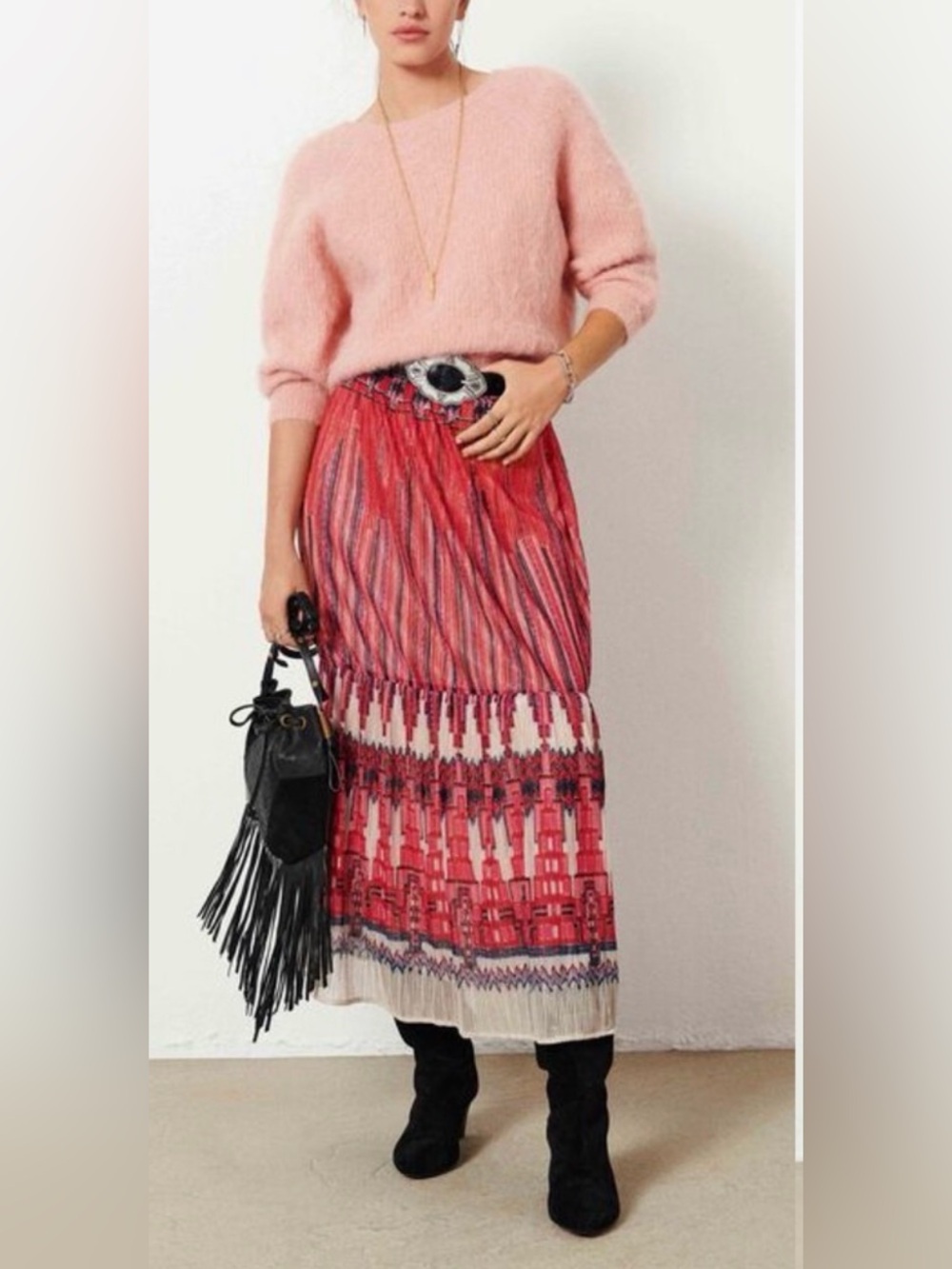 ba&sh Daris Pleated Printed Maxi Skirt Red Pink Boho Size M